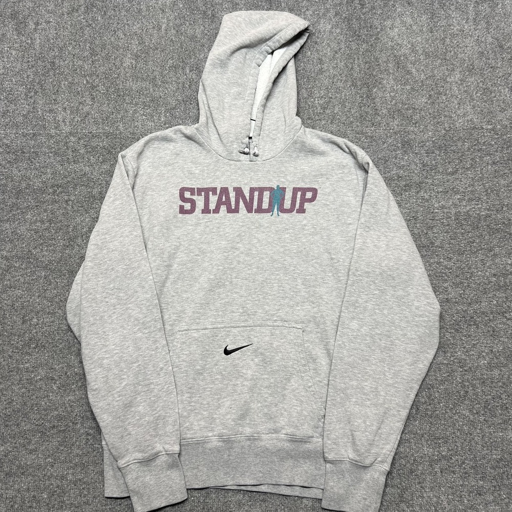 Nike Hoodie Mens Medium Gray Fleece StandUp Graphic Center Swoosh Sweatshirt